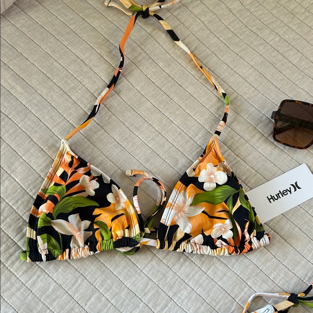 NWT Hurley black tropical floral triangle halter top tie side bikini set Large - Picture 3 of 10